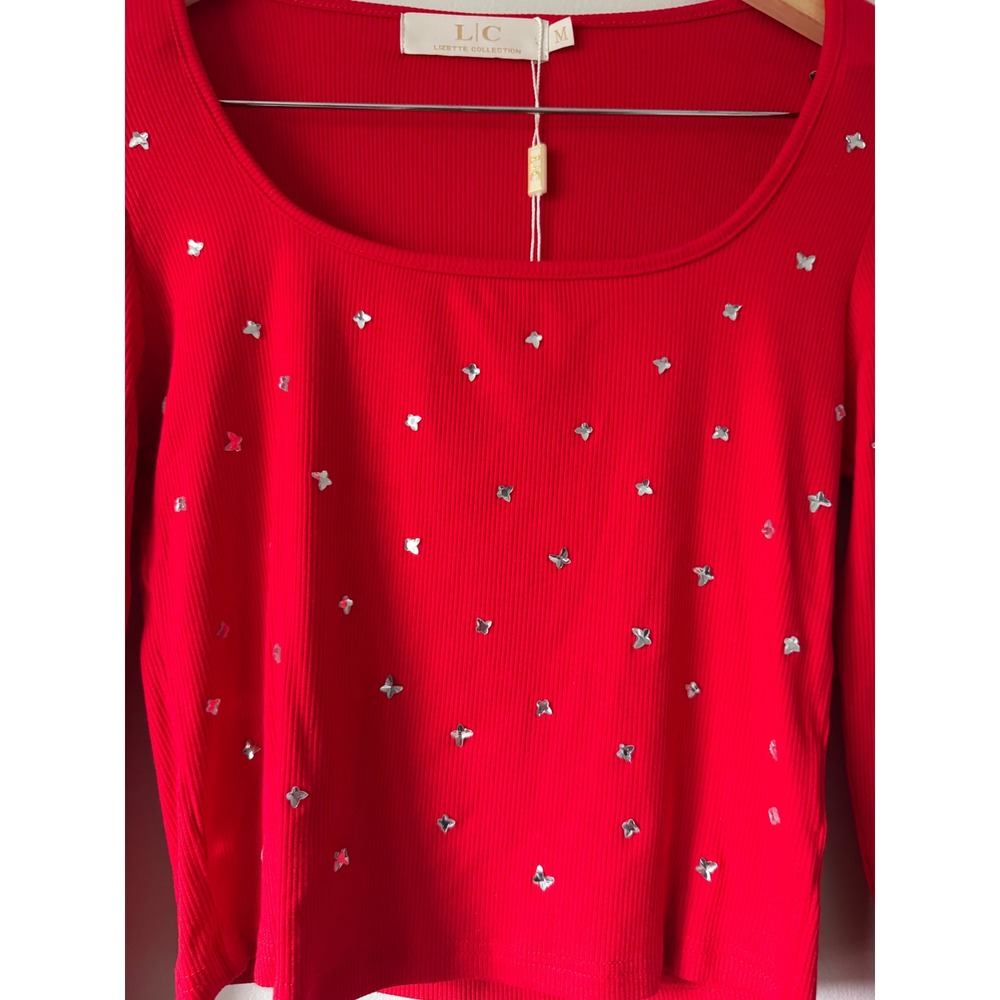 Lizette Collection Red Ribbed Butterfly Rhinestone Square Neck Crop Top M NEW - Picture 2 of 5